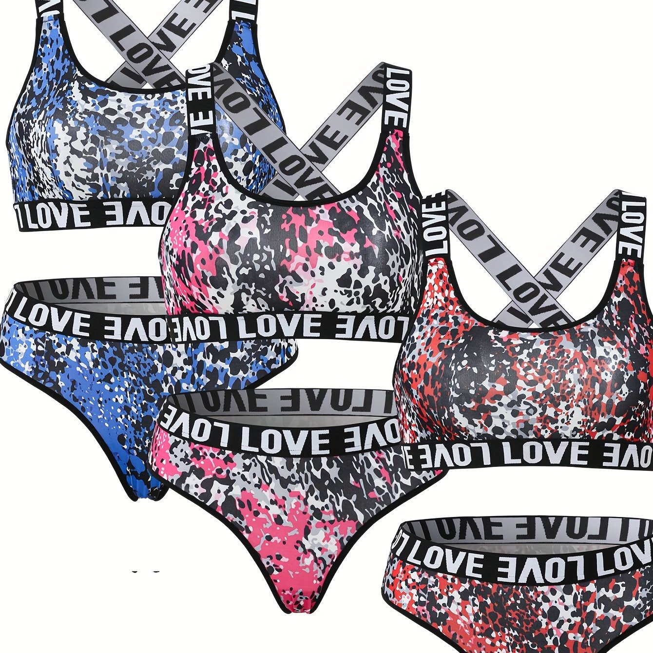 6 Pack Plus Size Sports Lingerie Set Women's Plus Print Bra & Panty