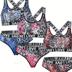 6 Pack Plus Size Sports Lingerie Set Women's Plus Print Bra & Panty