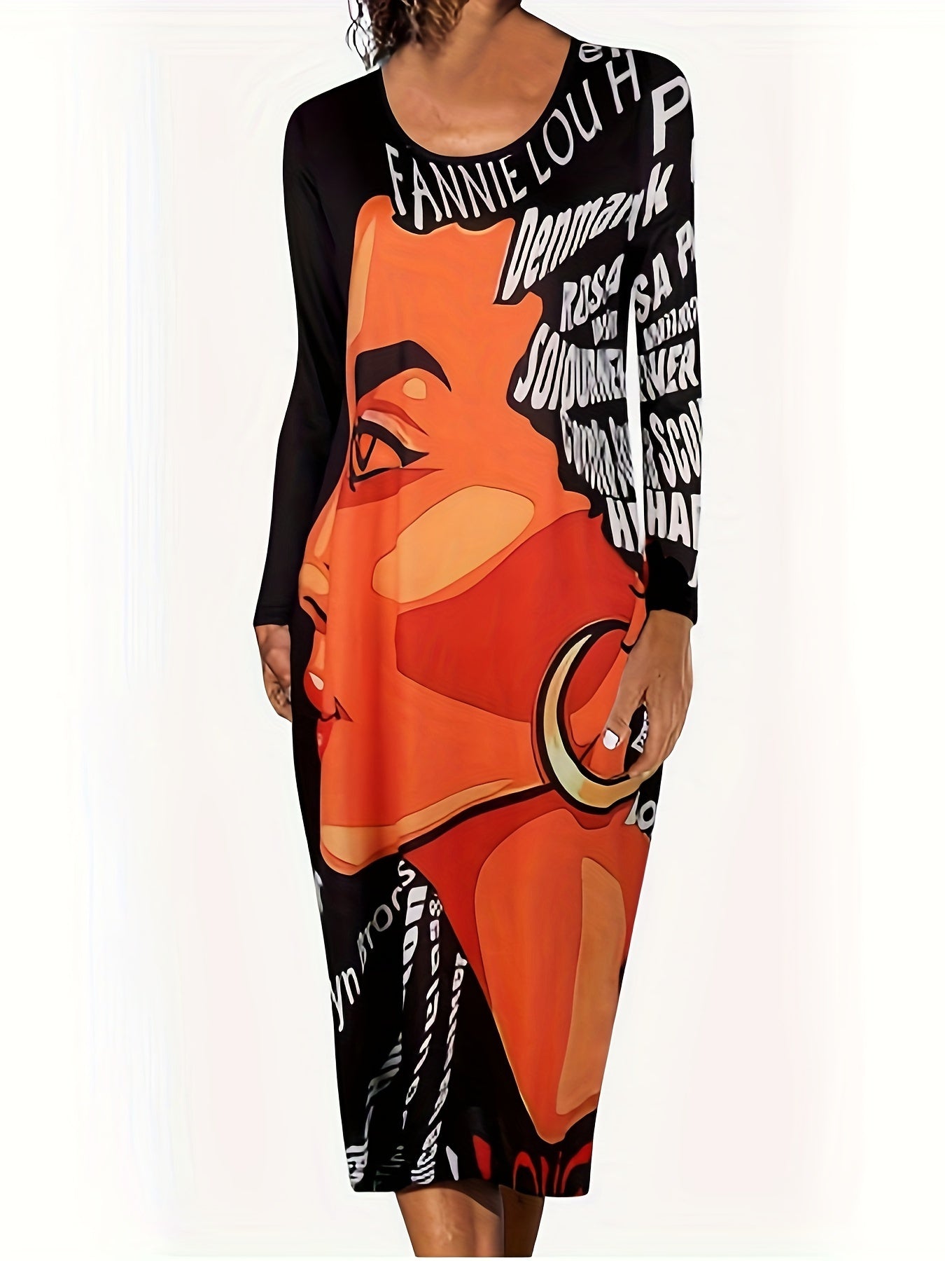 Pop Art Print Maxi Dress Long Sleeve Round Neck Plus Size Casual Dress