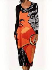 Pop Art Print Maxi Dress Long Sleeve Round Neck Plus Size Casual Dress