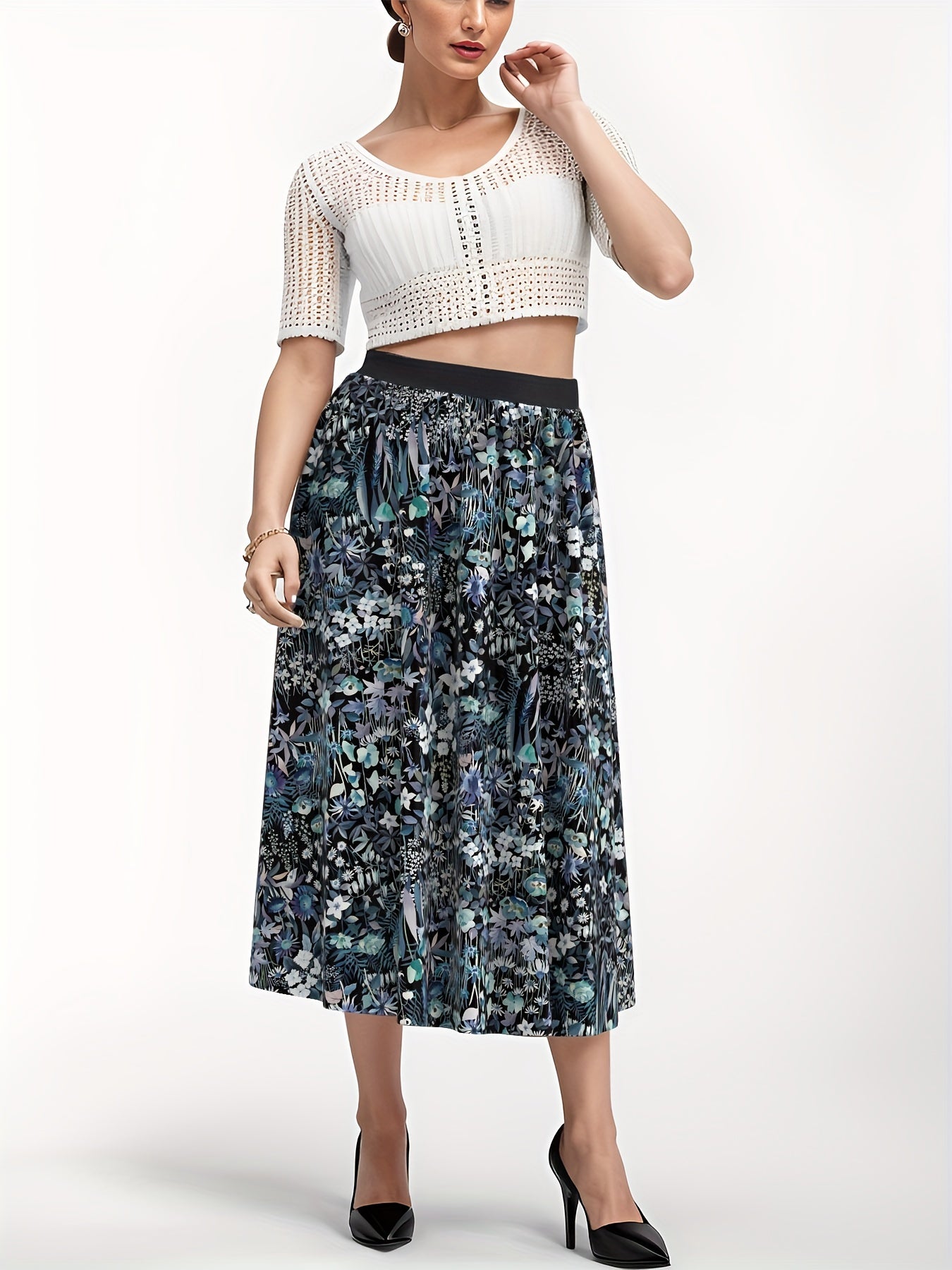 Boho Skirt Women's Plus Floral Print Elastic Tape High Rise