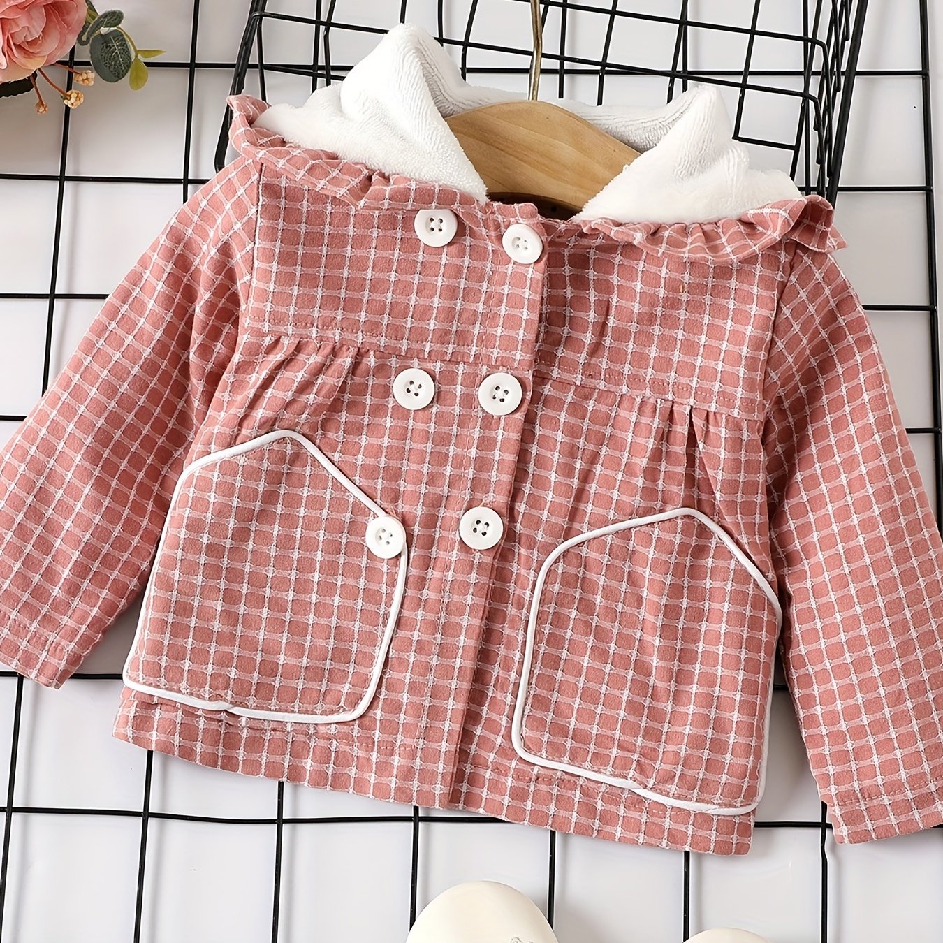 Toddler Baby Girls Pink Gingham Coat With 3D Animal Ears