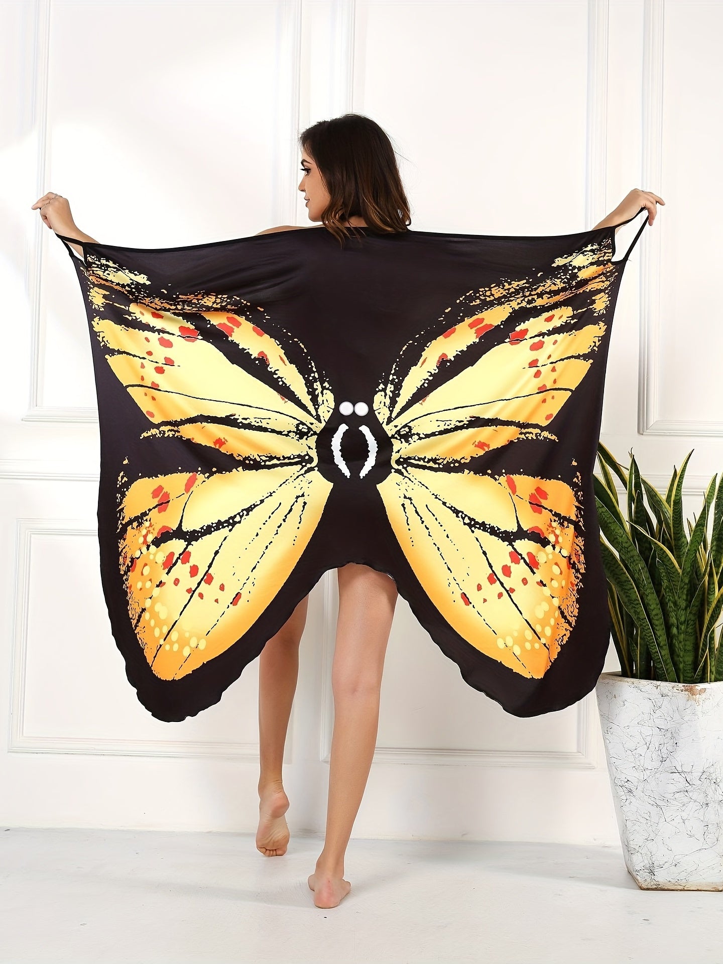 Butterfly Print Surplice V Neck Cover Up High Strech Sleeveless Beach Cover Dres