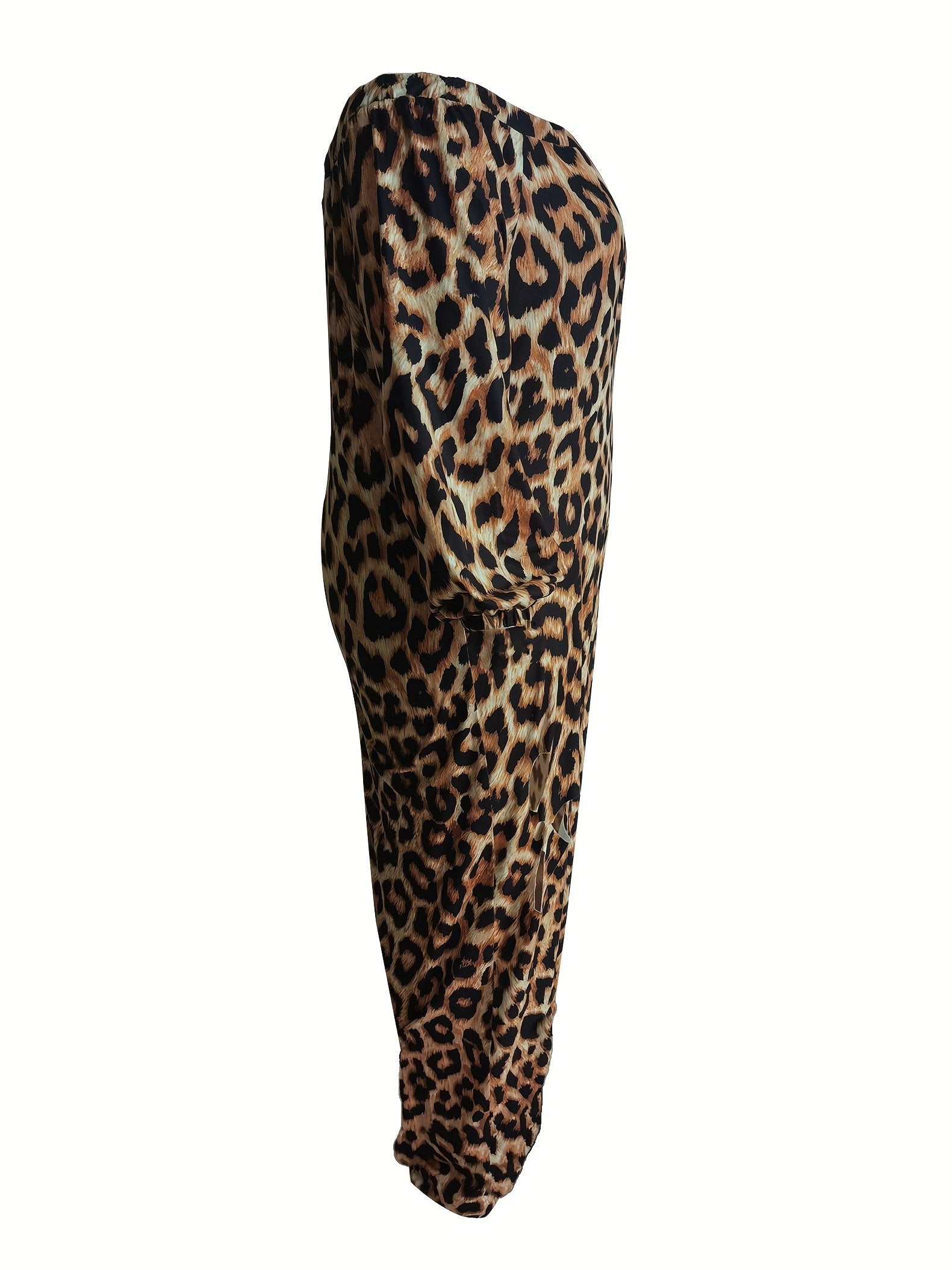 Leopard Cut Out Off Shoulder Lantern Sleeve Jumpsuit