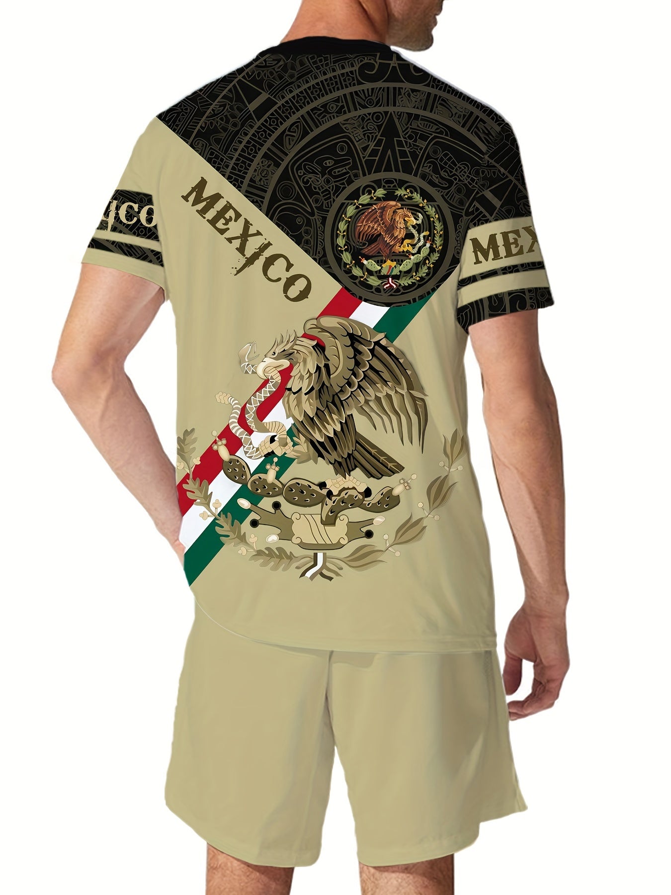 Mexico Eagle Pattern Men's 2 Piece Short Sleeve T-shirt & Shorts Set