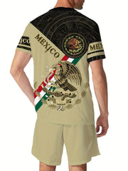 Mexico Eagle Pattern Men's 2 Piece Short Sleeve T-shirt & Shorts Set