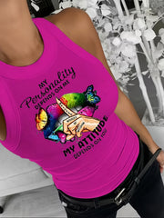 Lips & Letter Print Tank Top Sleeveless Summer Top