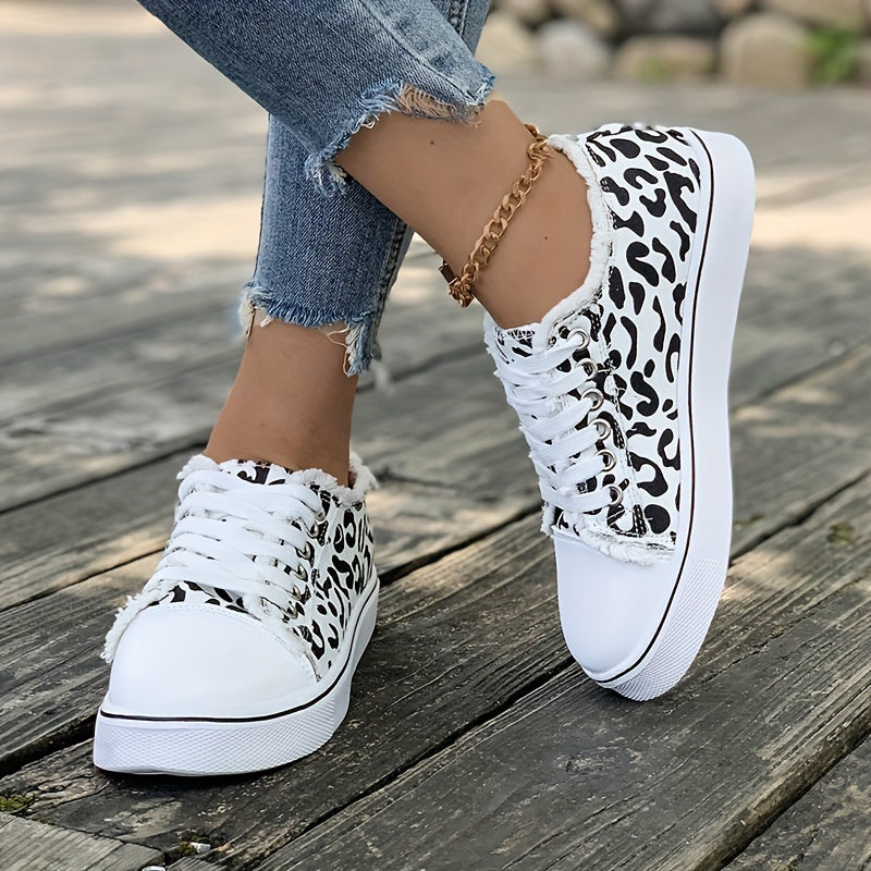 Leopard Print Canvas Sneakers Women Casual Lace Up Low Top Shoes