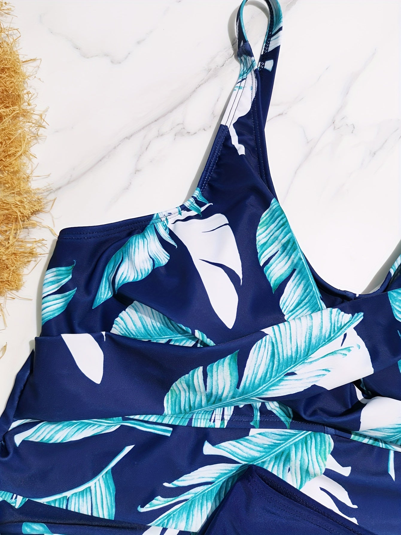 Leaf Print Tankini Set V Neck Ruched Cami Top & Panty Swimsuit 2 Piece