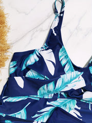Leaf Print Tankini Set V Neck Ruched Cami Top & Panty Swimsuit 2 Piece
