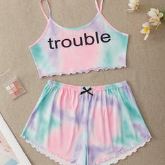 Tie Dye Print Pajamas Set Soft Cami Top & Elastic Waistband Shorts