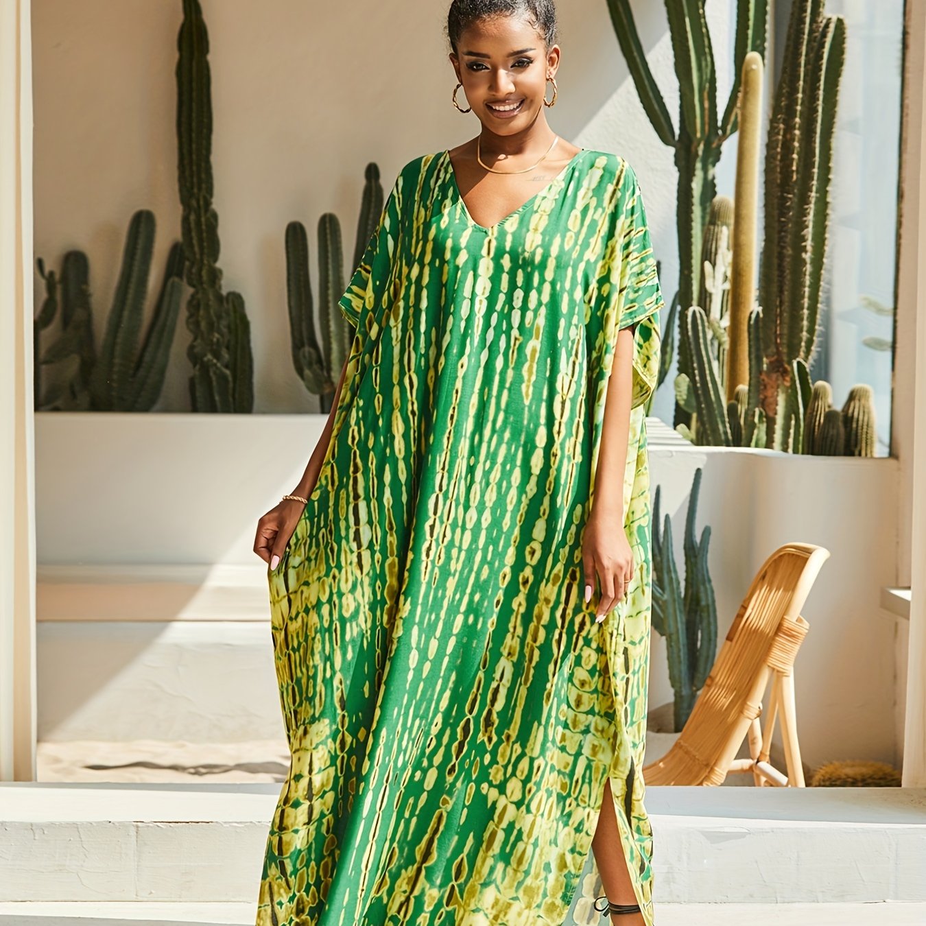 Tie Dye Striped V Neck Bat Sleeve Beach Cover Up Dress