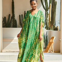Tie Dye Striped V Neck Bat Sleeve Beach Cover Up Dress