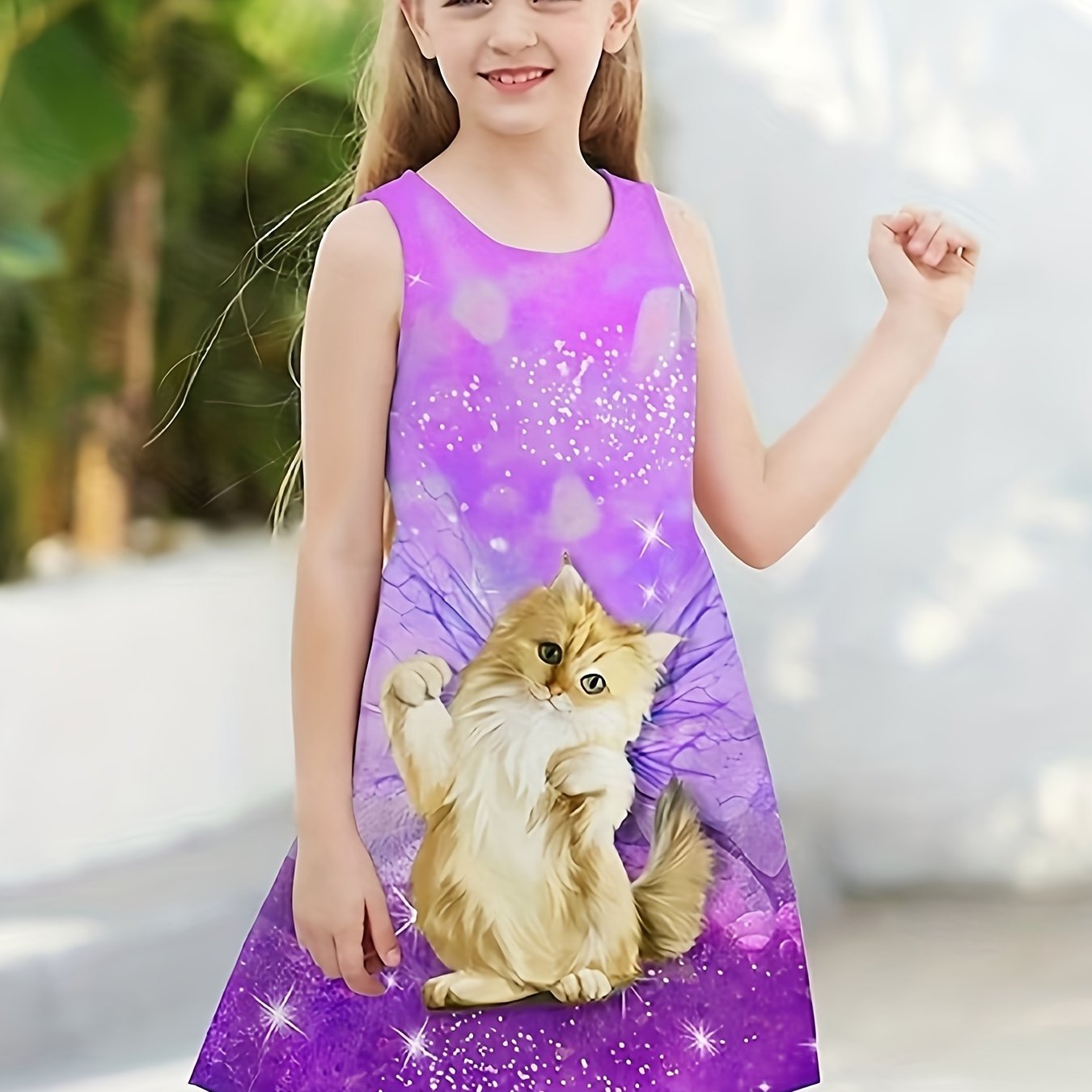Cat Graphic Sleeveless Summer Dress for Girls
