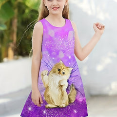 Cat Graphic Sleeveless Summer Dress for Girls