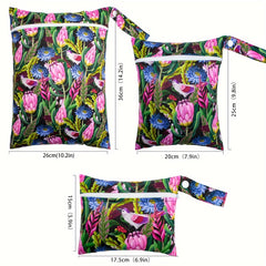 3pcs Floral Wet Bags Set Portable Diaper Travel Organizer Zipper Closure