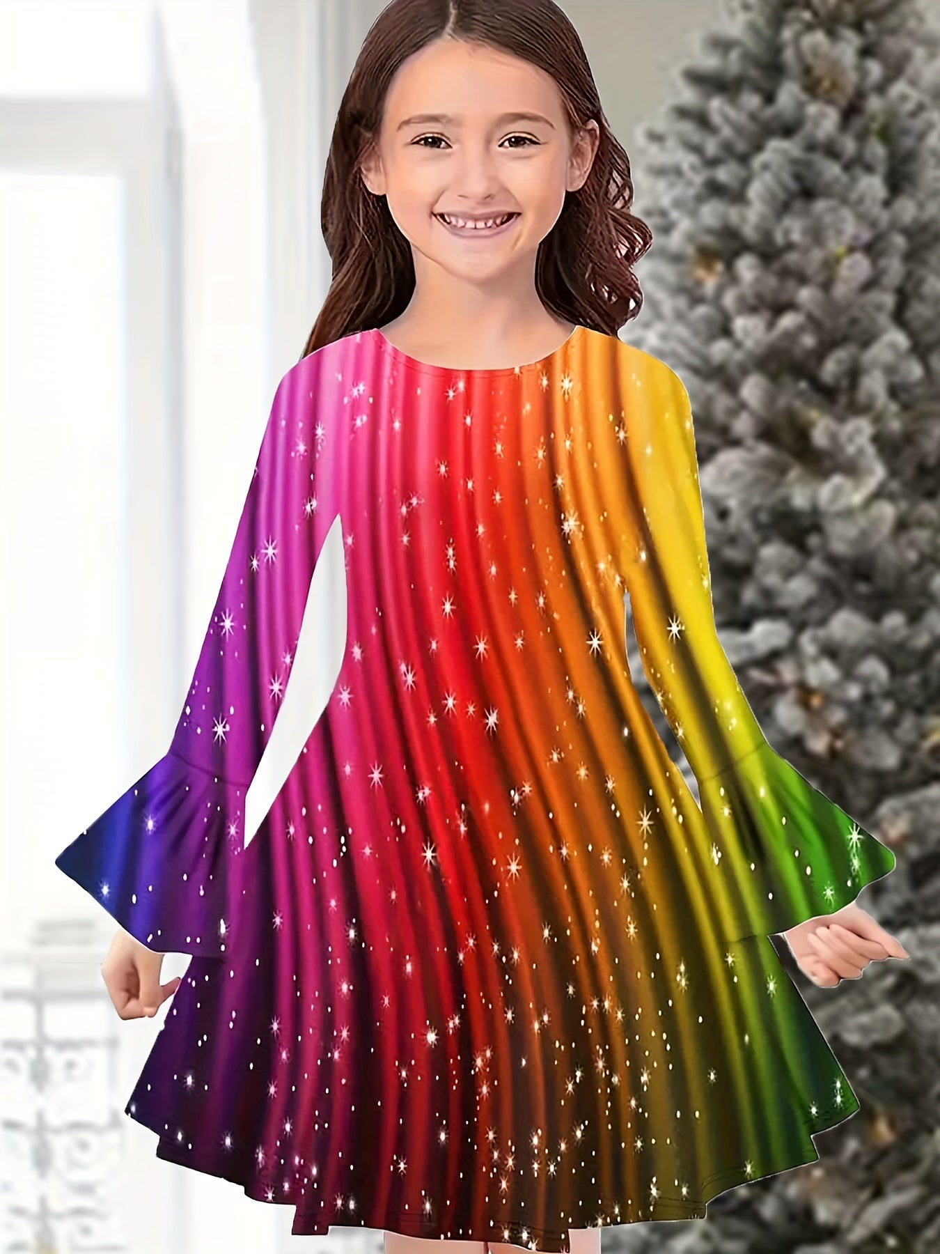 Rainbow Flare Sleeve Dress Girls Comfy Kids Clothes