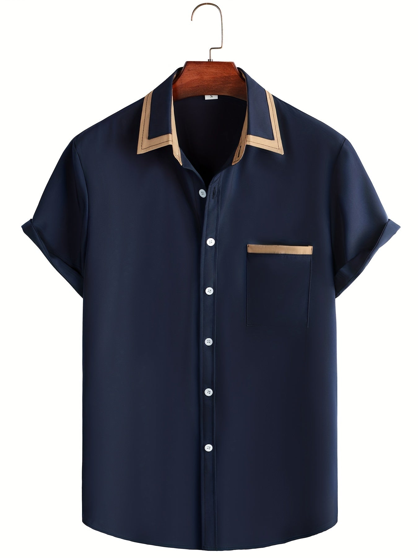 Men's Short Sleeve Button Up Shirt, Chest Pocket, Contrast Lapel