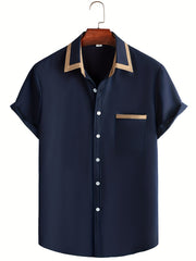 Men's Short Sleeve Button Up Shirt, Chest Pocket, Contrast Lapel