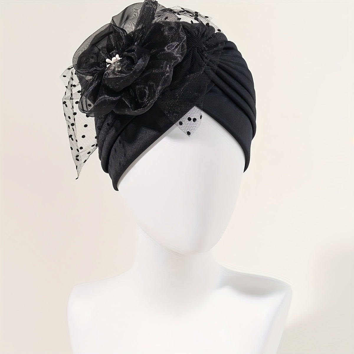 Feather Mesh Flower Turban Cap Solid Head Wrap Elastic Bonnet Chemo Hats