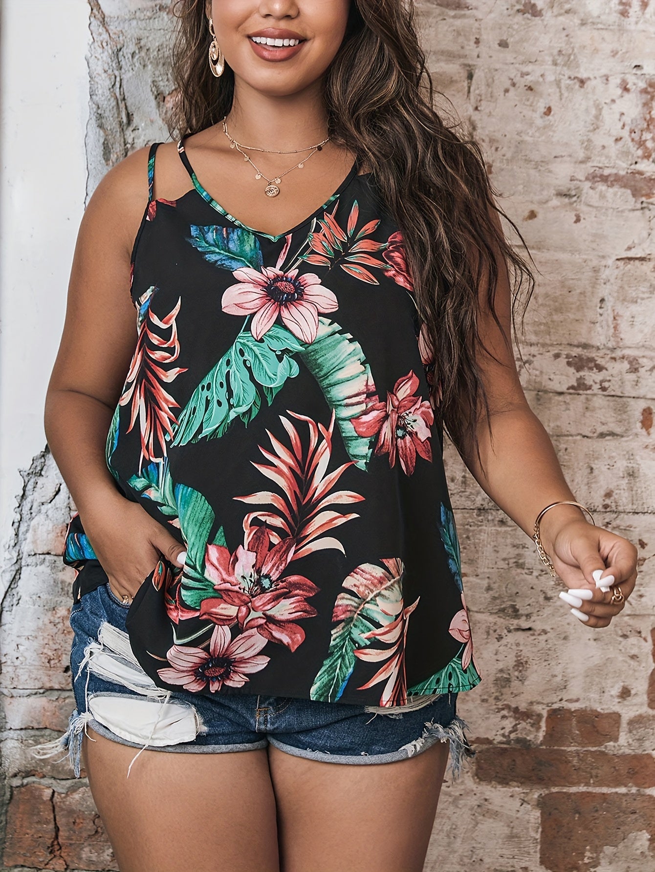 Vacay Cami Top Women's Plus Tropical Print V Neck