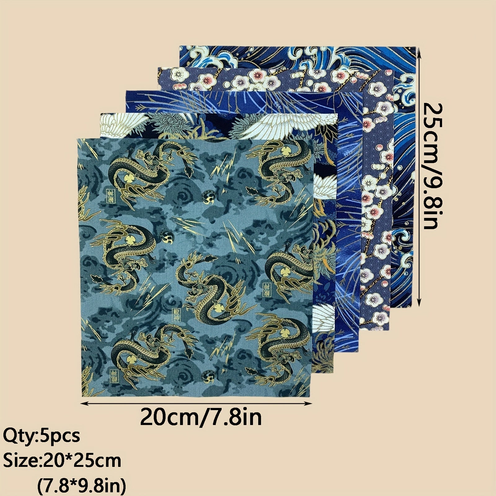 5pcs DIY Dragon Sewing Flower Cotton Fabric For Quilting Craft 7-8in 9-8in