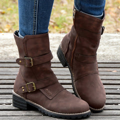 Women's Retro Mid Calf Boots Double Buckle Strap Side Zipper Shoes