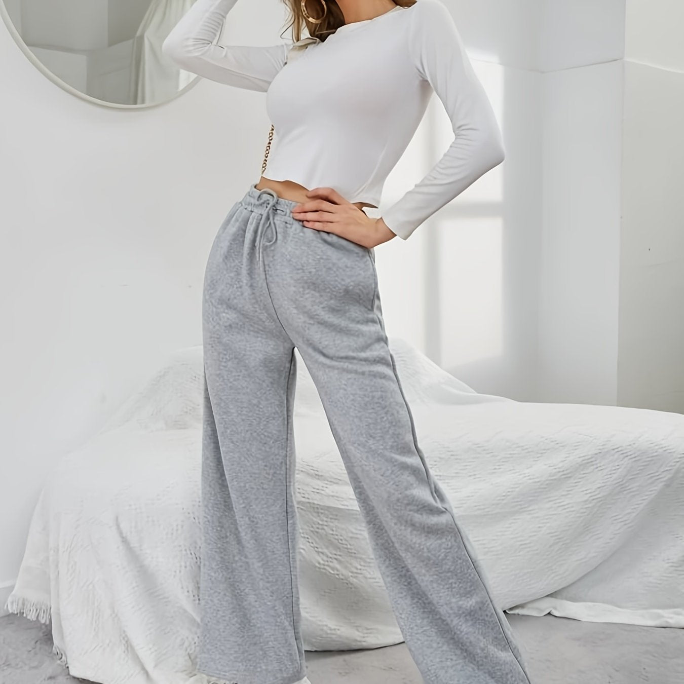 Drawstring Elastic Loose Sweatpants Casual High Waist Long Length Sweatpants
