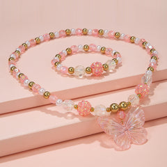 Kids Butterfly Necklace Set Acrylic Pendant Beads Elastic Bracelet