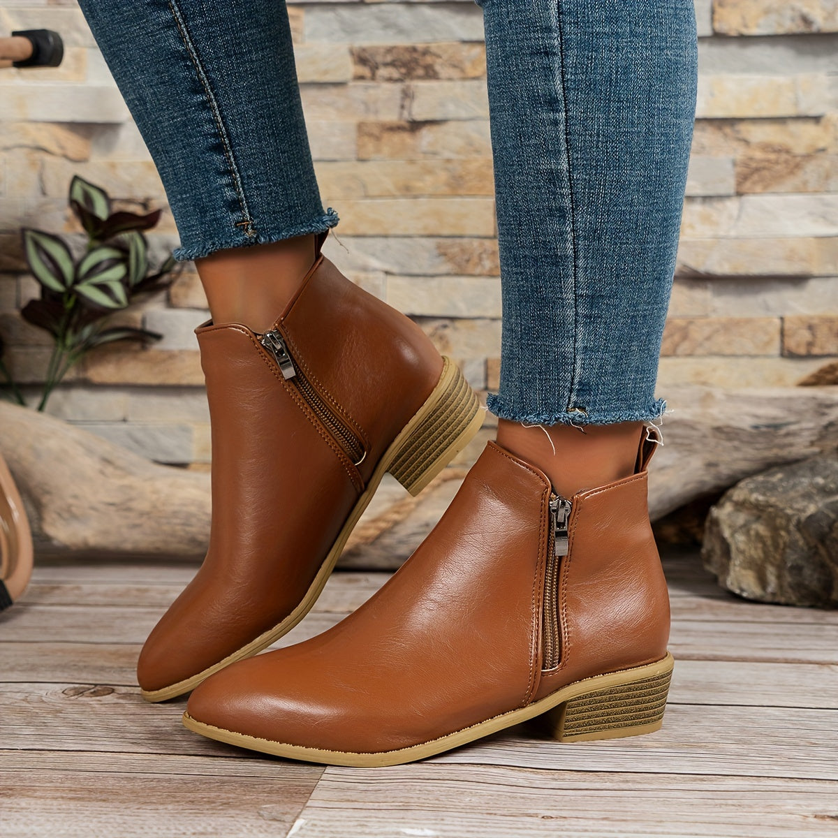 Chunky Heel Ankle Boots Double Zipper Pointed Toe Shoes
