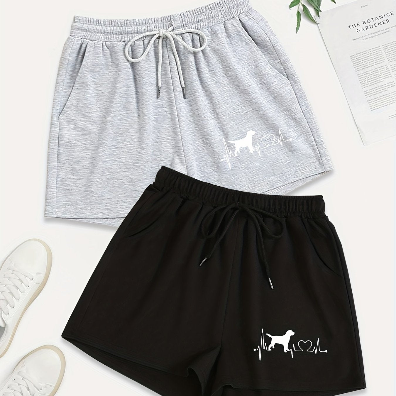 2 Pack Plus Size Casual Shorts Women's Plus Heart & Dog Print Drawstring Shorts