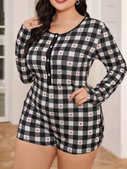 Heart & Plaid Print Button-Up Lounge Romper