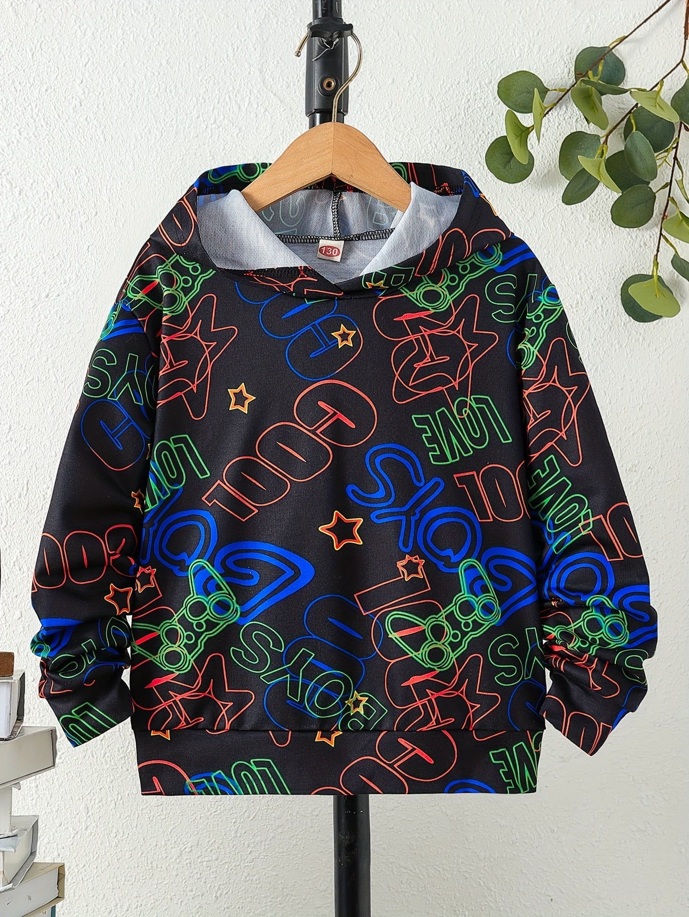 Boys Luminous Letter & Gamepad Print Hooded Sweatshirt