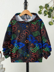 Boys Luminous Letter & Gamepad Print Hooded Sweatshirt