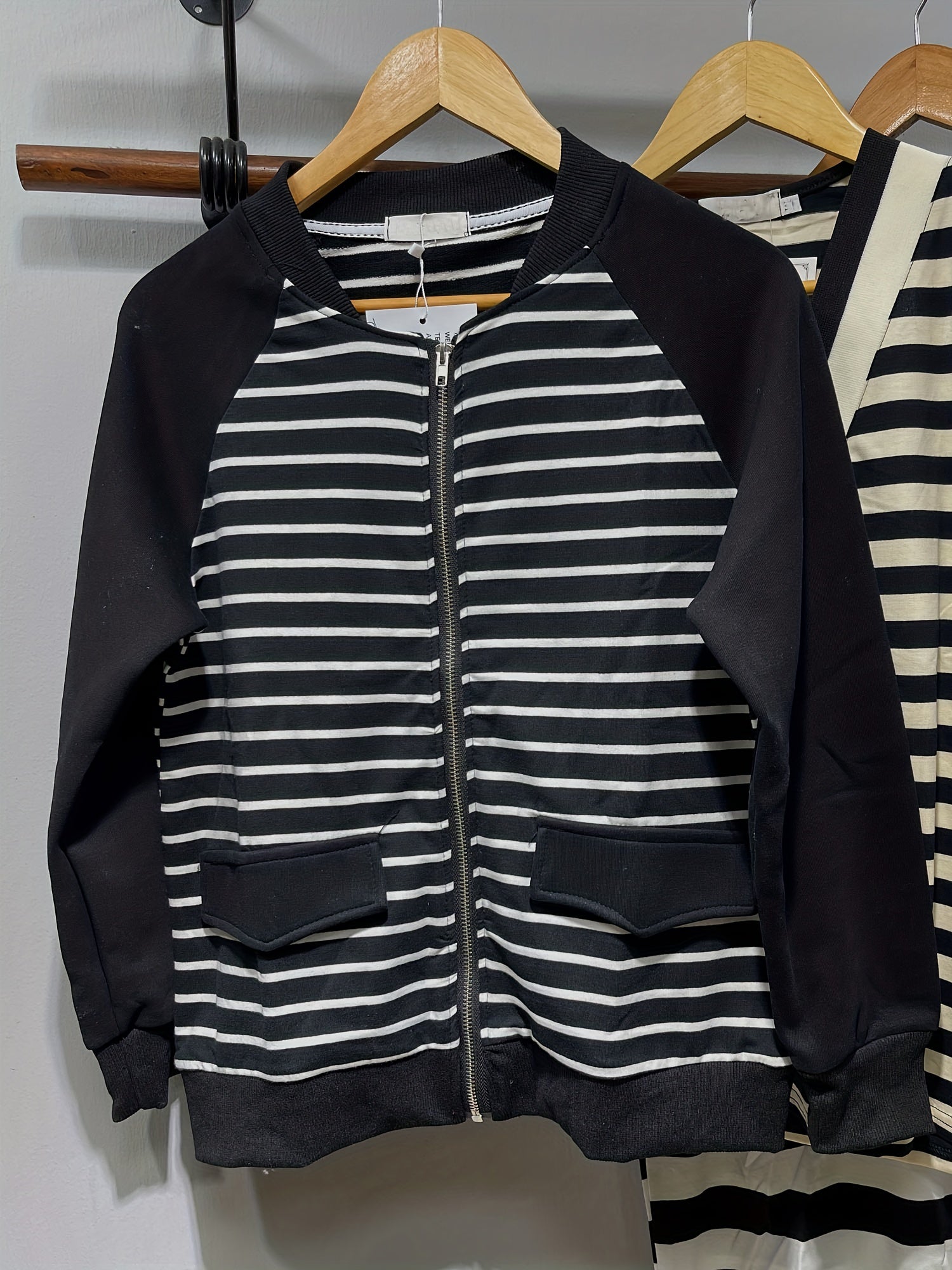 Striped Zip Up Jacket Casual Long Sleeve Jacket Women's Clothing