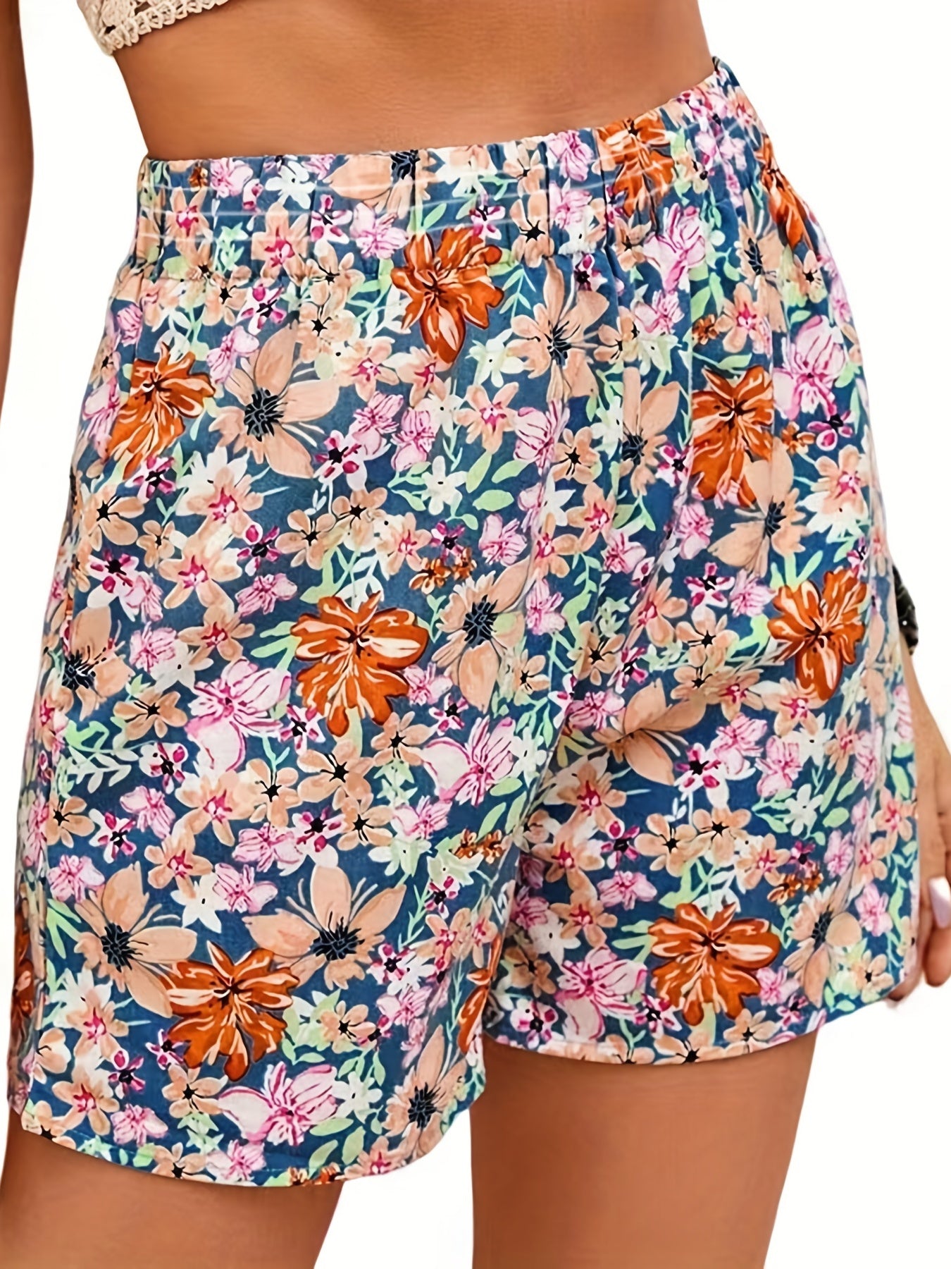Vacay Shorts Women's Plus Ditsy Floral Print Elastic Waist