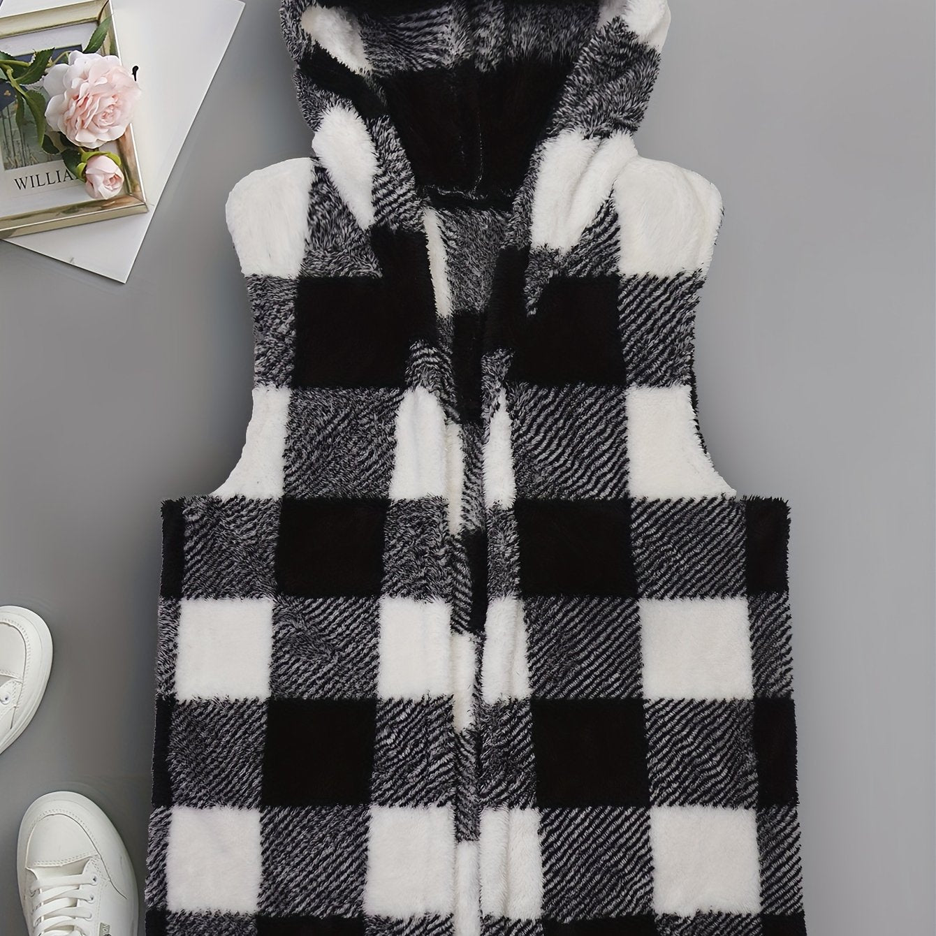 Colorblock Gingham Print Fleece Vest Coat