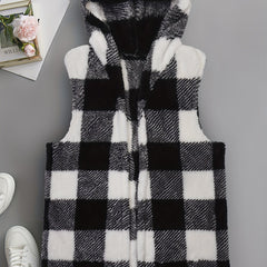 Colorblock Gingham Print Fleece Vest Coat