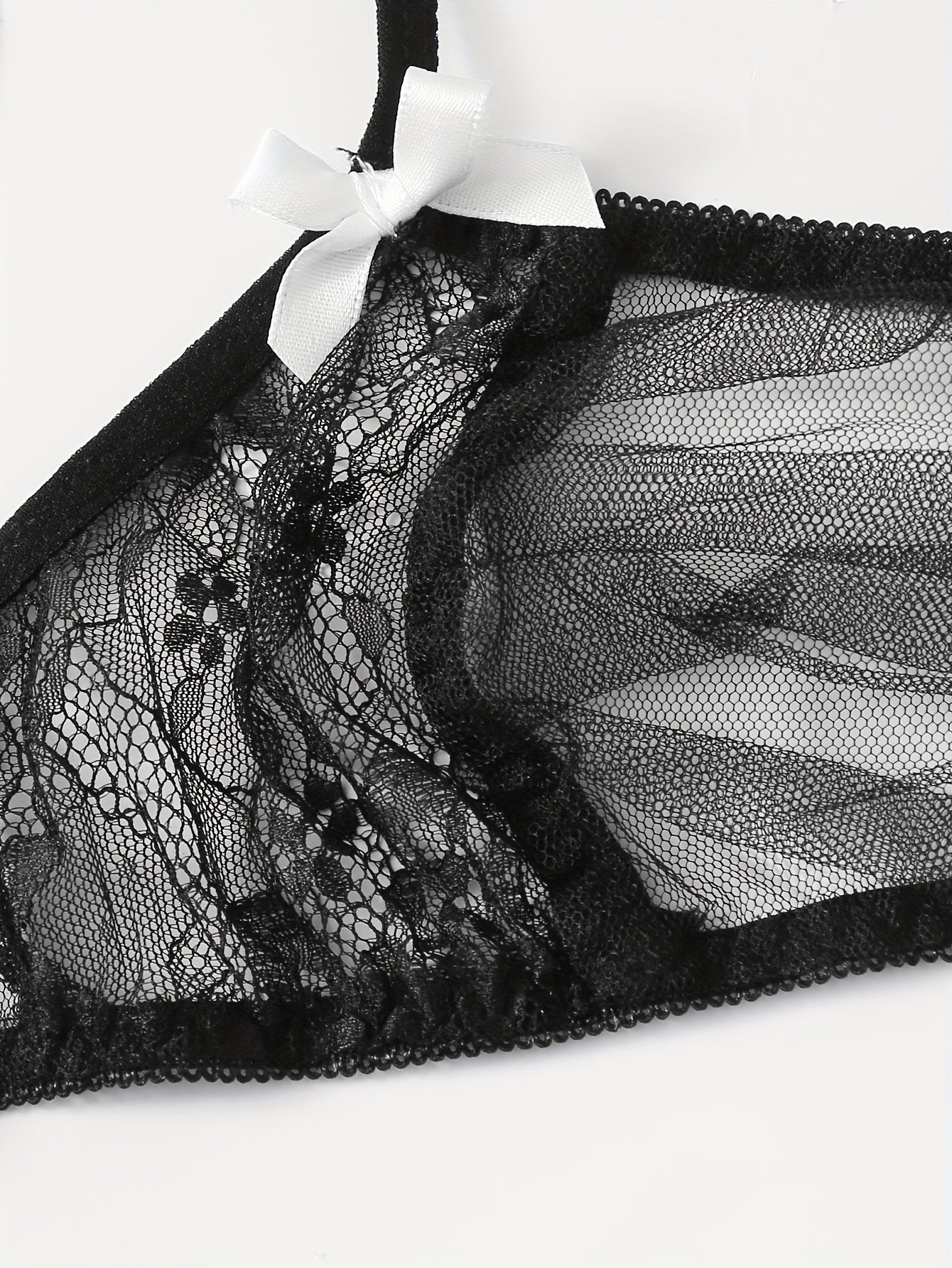 Sultry Lace Mesh Lingerie Set Sheer Unlined Bra & Bow Tie Panties