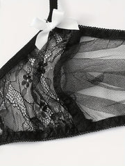 Sultry Lace Mesh Lingerie Set Sheer Unlined Bra & Bow Tie Panties