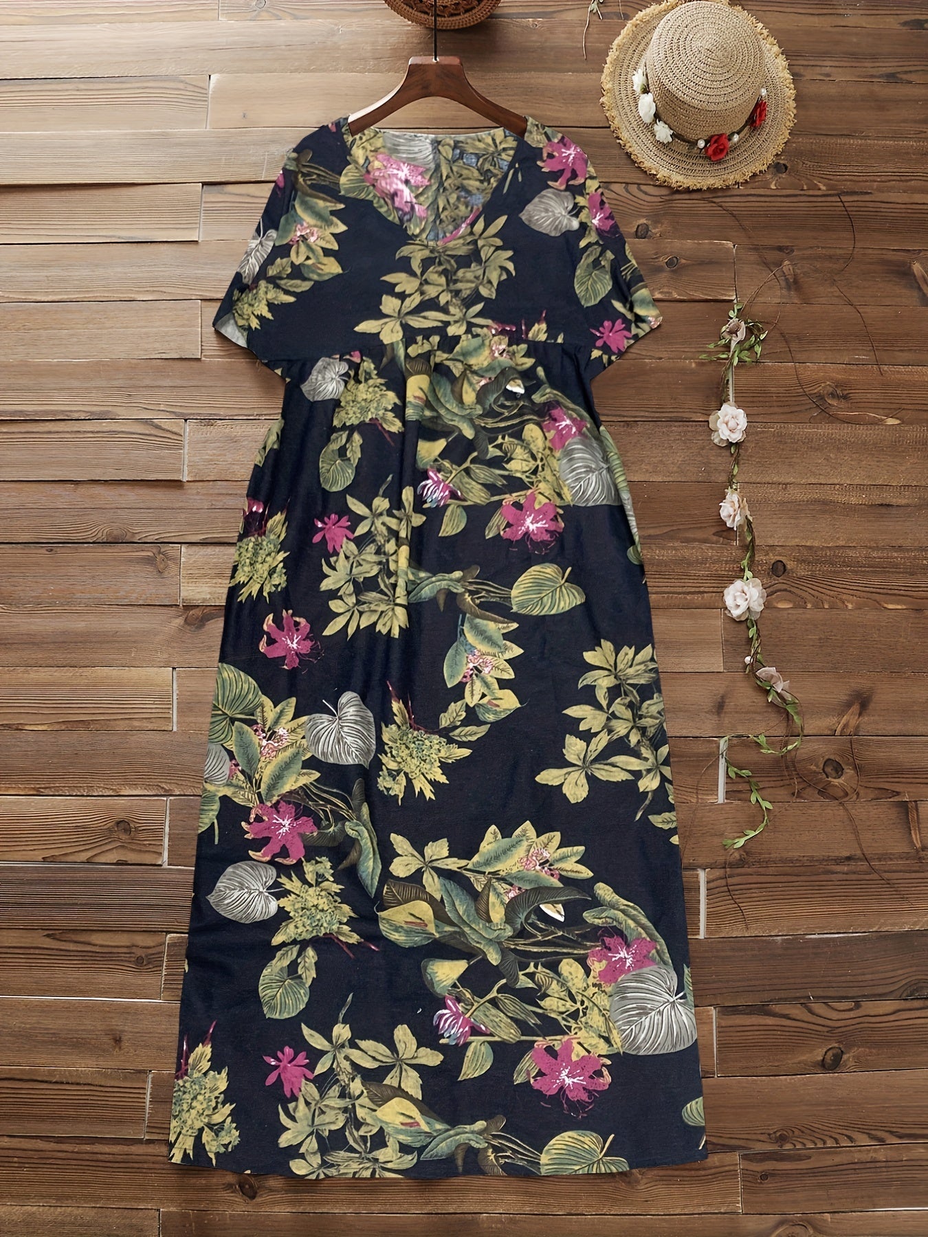 Women's Plus Floral Print Short Sleeve V Neck Loose Fit Dress