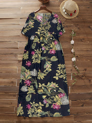 Women's Plus Floral Print Short Sleeve V Neck Loose Fit Dress