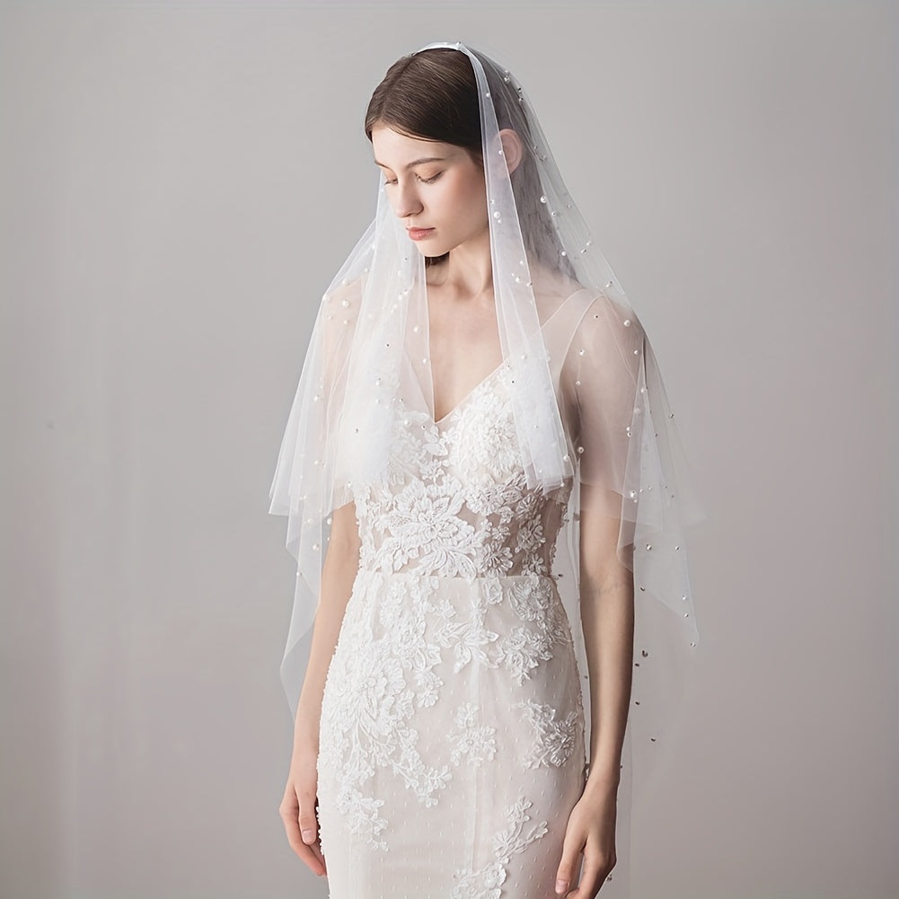 Pearl Inlaid Veil & Headband Bridal Headwear