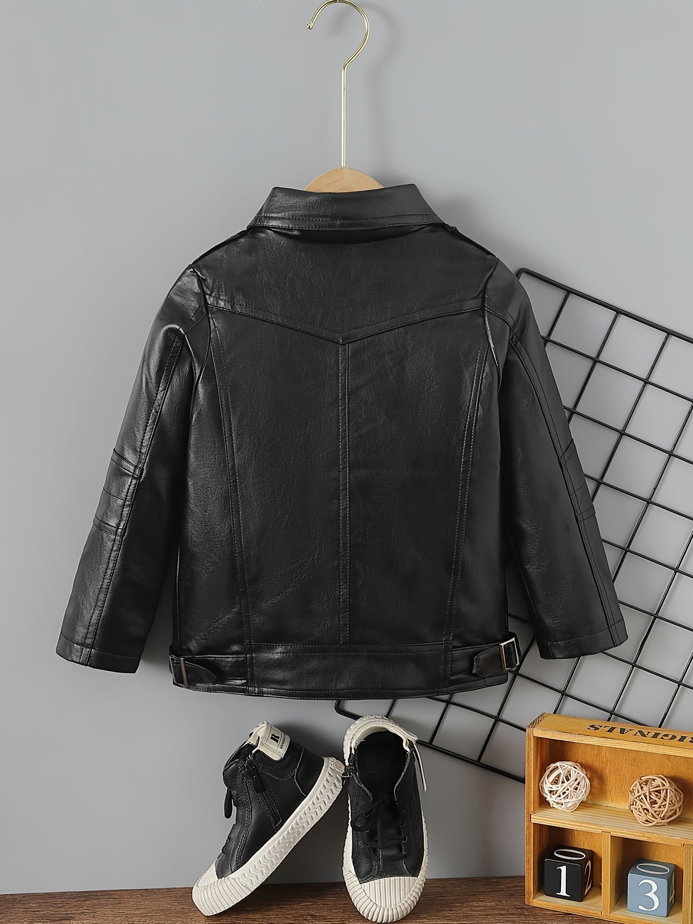 Kids Lapel PU Leather Jacket Zipper Coat Boys Girls Top