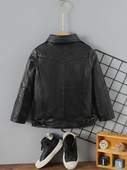 Kids Lapel PU Leather Jacket Zipper Coat Boys Girls Top