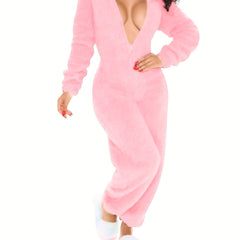 Solid Hooded Fuzzy Pajama Jumpsuit Comfy Long Sleeve Zipper Pajamas