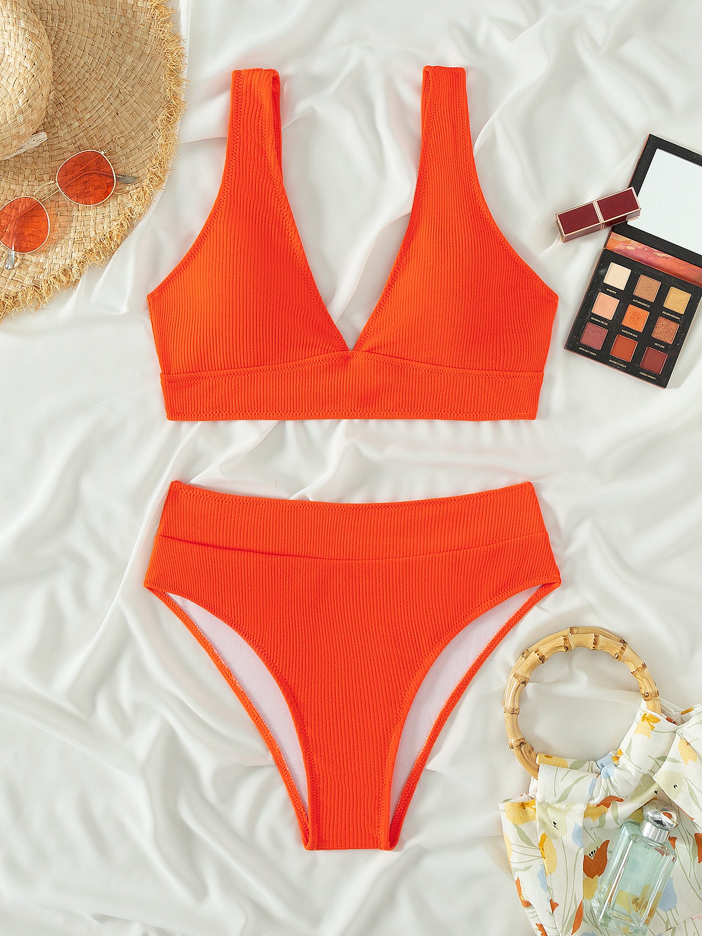 Solid Rib nit High Waist Bikini Swimsuit