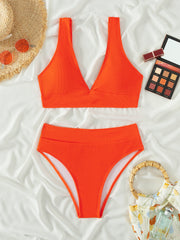 Solid Rib nit High Waist Bikini Swimsuit