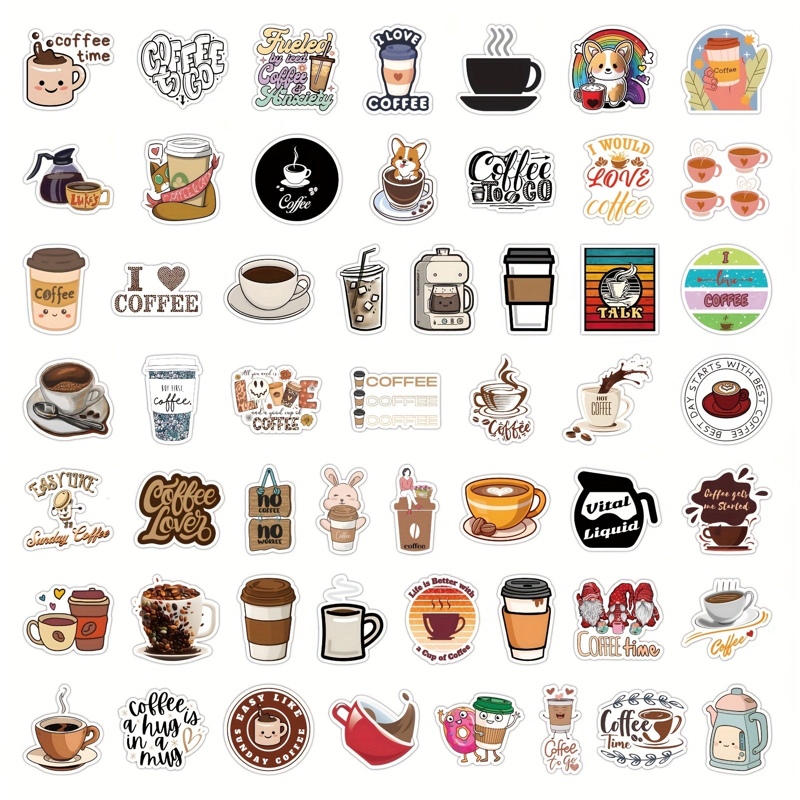 53 Pc Coffee Sticker Pack for Parties & Coffee Accessories