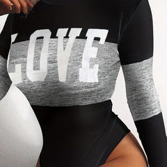 Block Letter Print Bodysuit Long Sleeve Sexy One-Piece